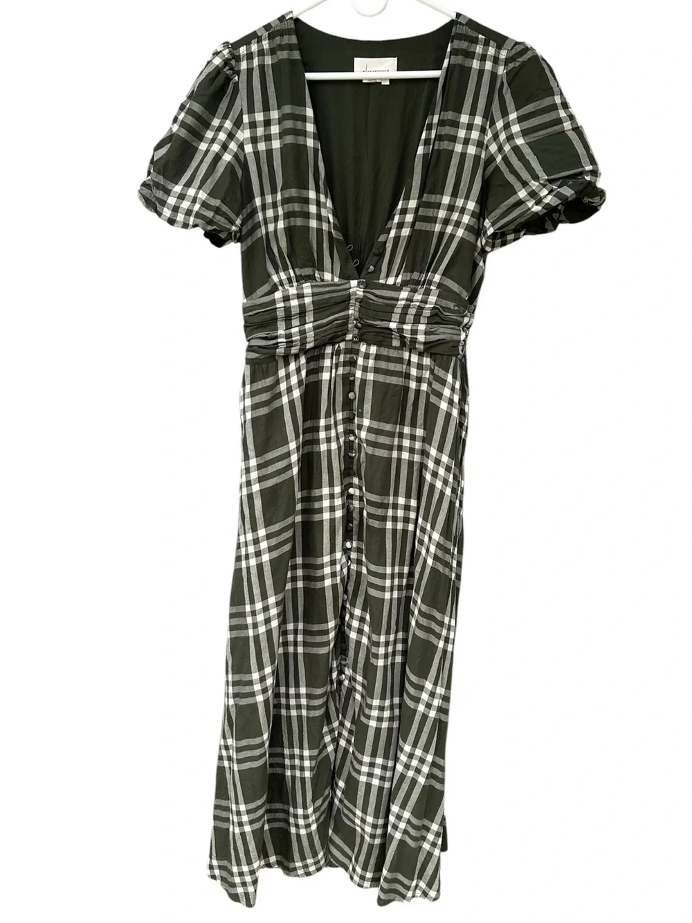Anthropologie Katerina Button-Front Plaid Puff-Sleeve Midi Dress L - 100% Cotton - Picture 3 of 15